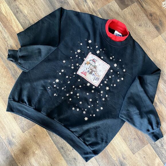 Vintage 90's Grandmacore Women's Black Snowman Winter Patchwork Sweatshirt XL - Picture 8 of 10